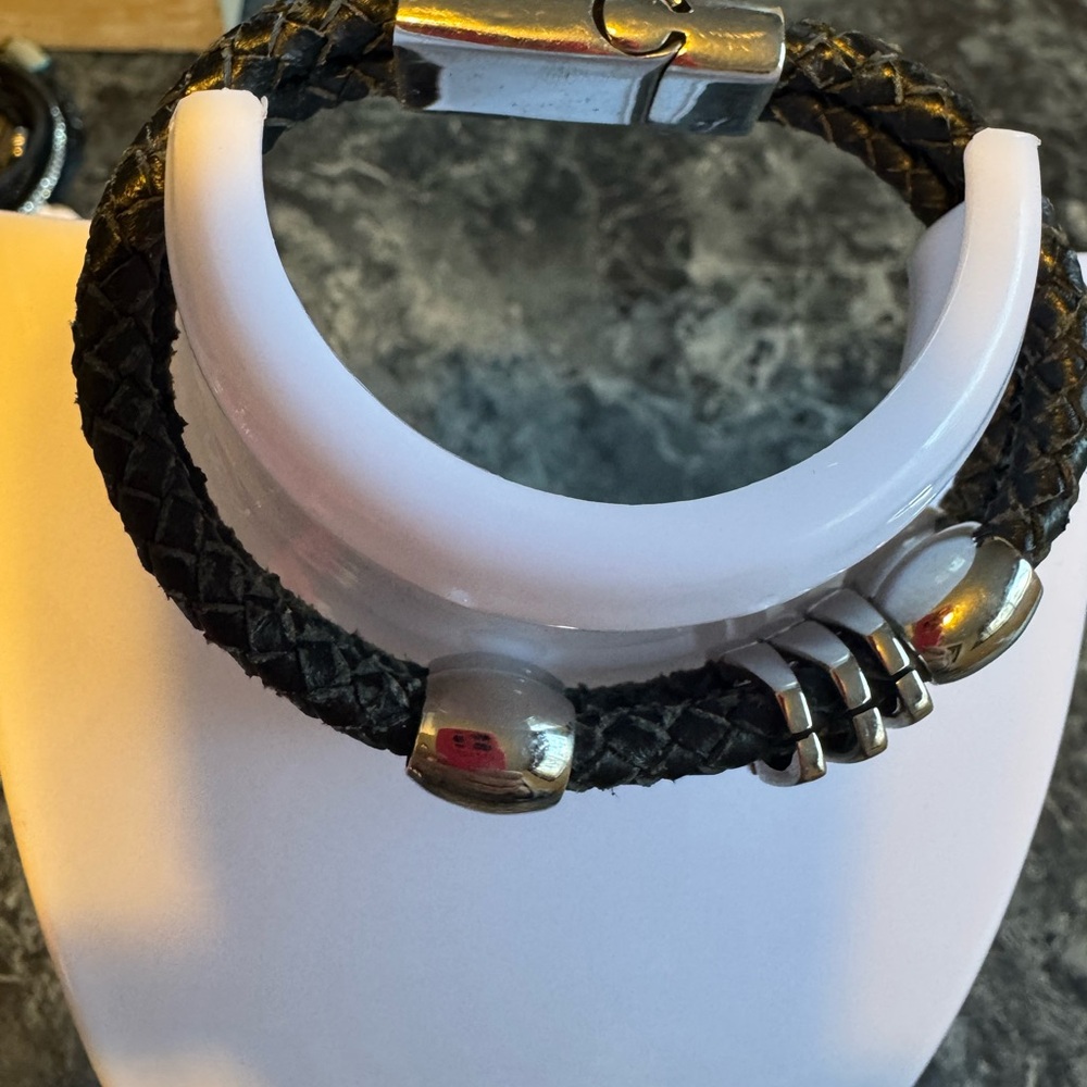 Leather Braided Bracelet with Silver Accent Beads - Black